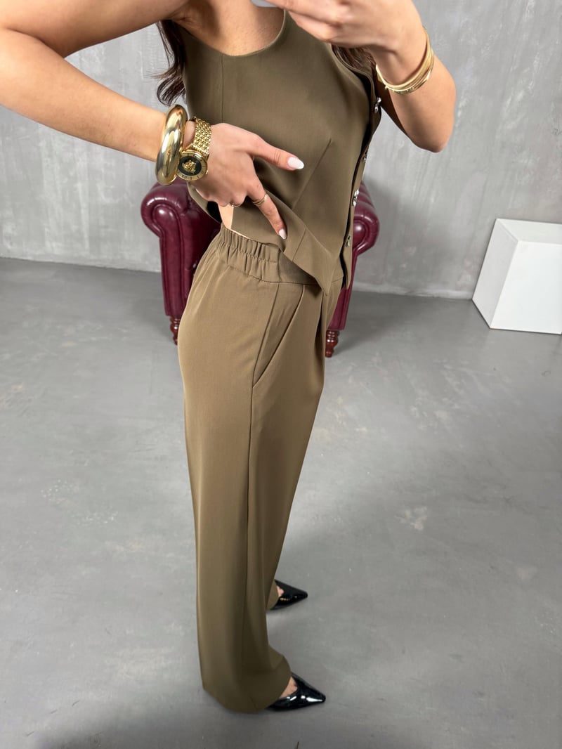 Diana Haki Fiyonk Düğmeli Astarlı Yelek Pantolon İkili Premium Takım