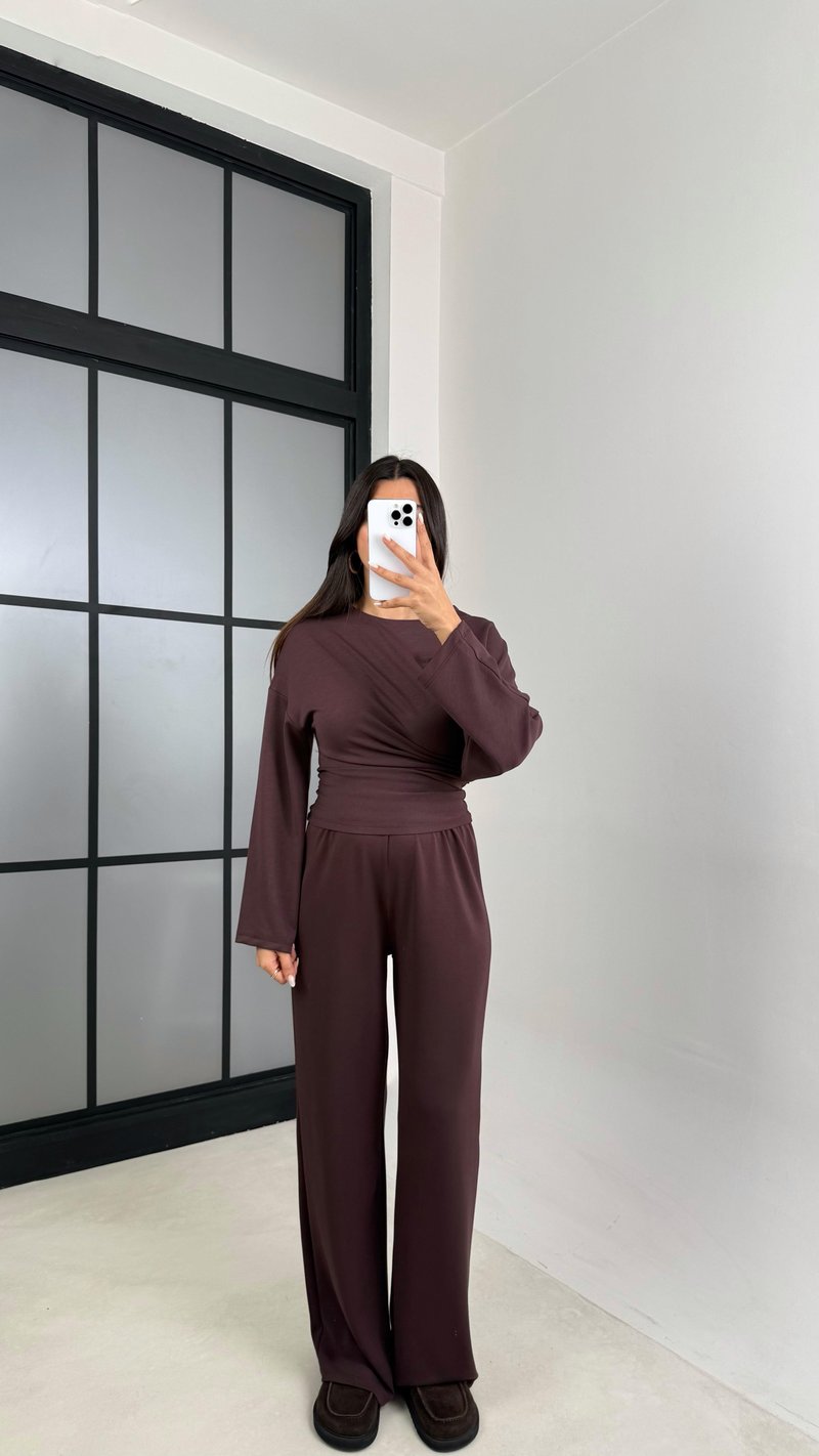 Kahve Yarasa Kol Bluz Beli Lastikli Pantolon Tasarım Modal Takım GAUS-00572