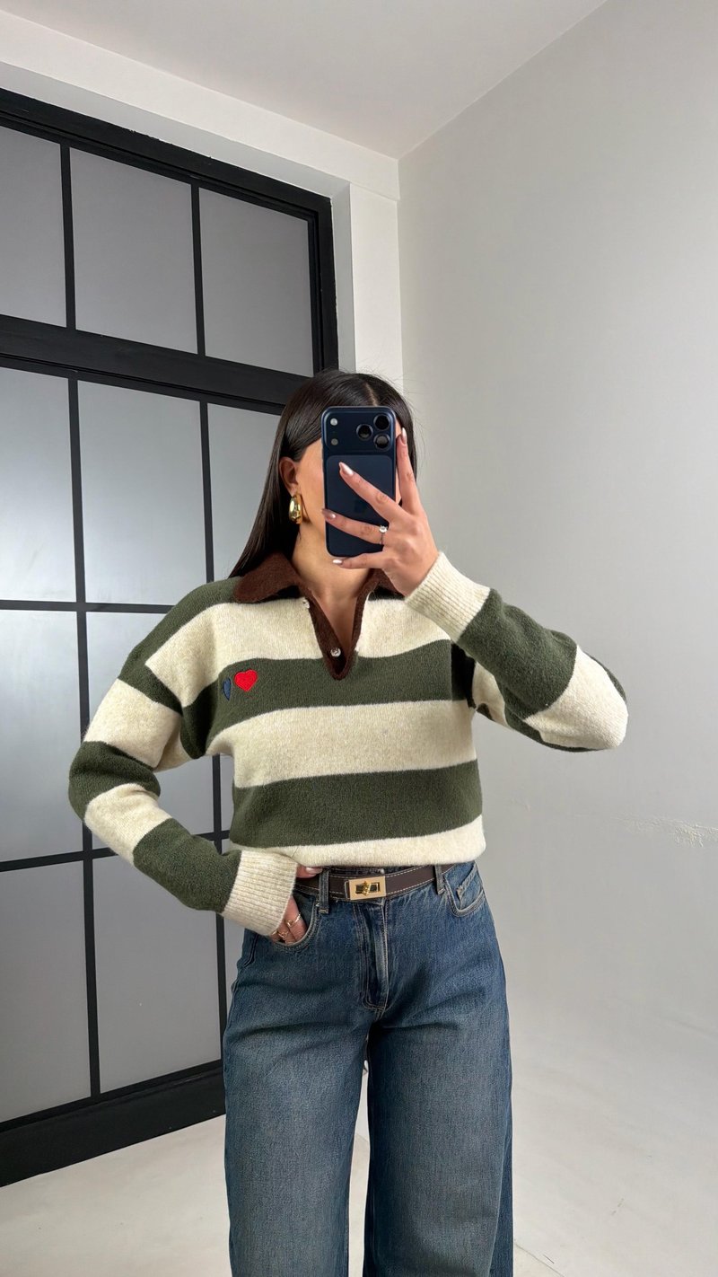 Yeşil Polo Yaka Çizgili Yumuşak Dokulu Kazak GAUS-01099