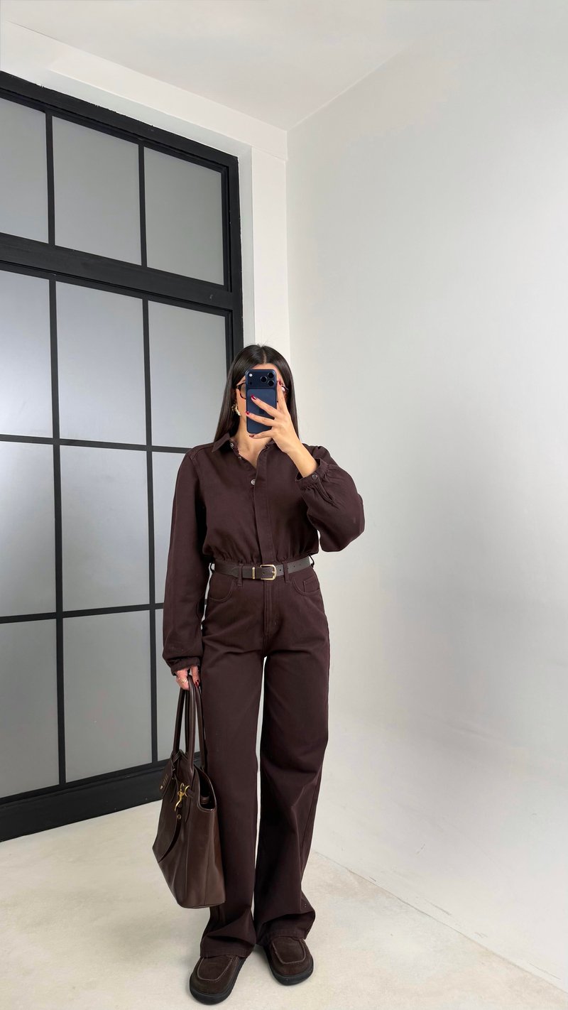 Kahve Kemerli Premium Denim Tulum GAUS-00739 GAUS-00673