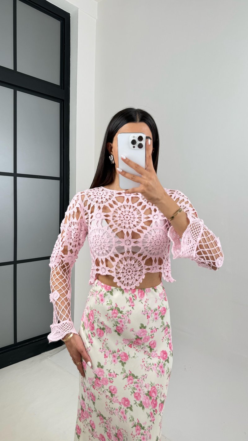 Pembe Örme Ajurlu Triko Bluz Gaus00414