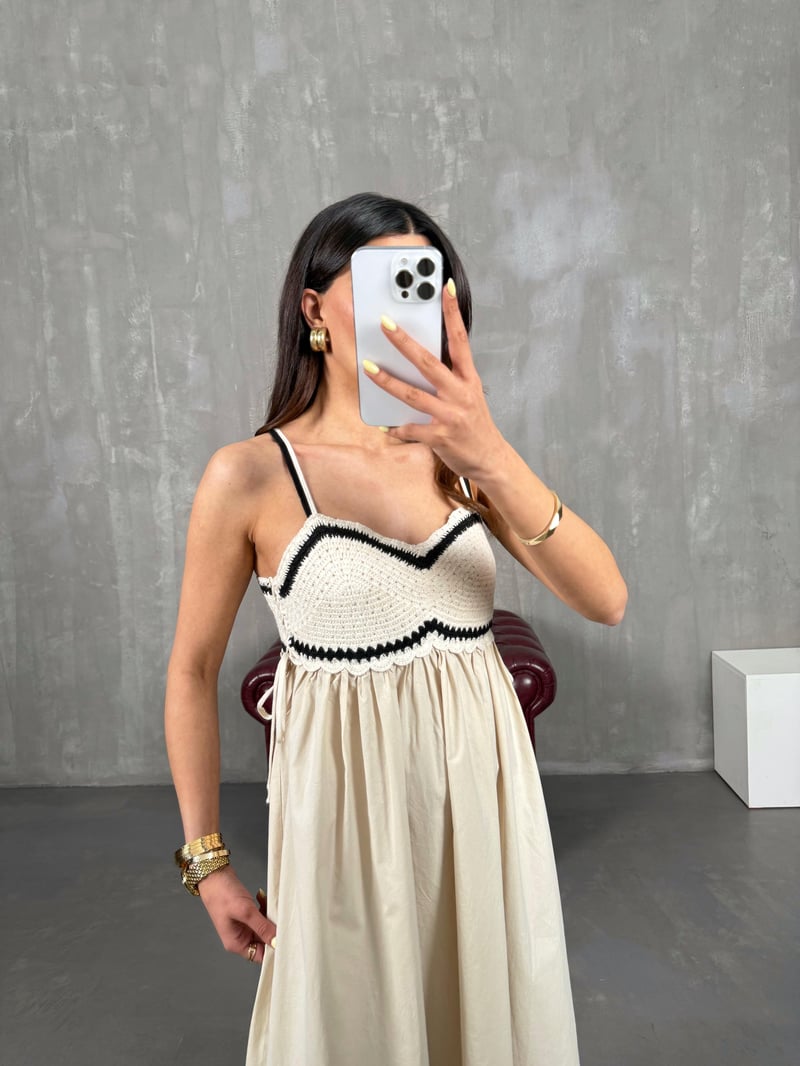 Cream Knit Detailed Strappy Dress Gaus00136