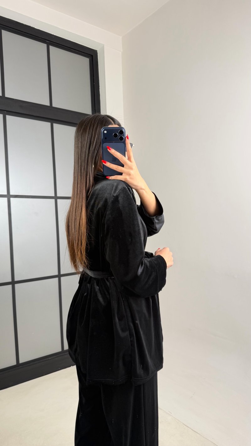 Siyah Kuşaklı Kimono Beli Lastikli Pantolon İkili Kadife Takım GAUS-01015