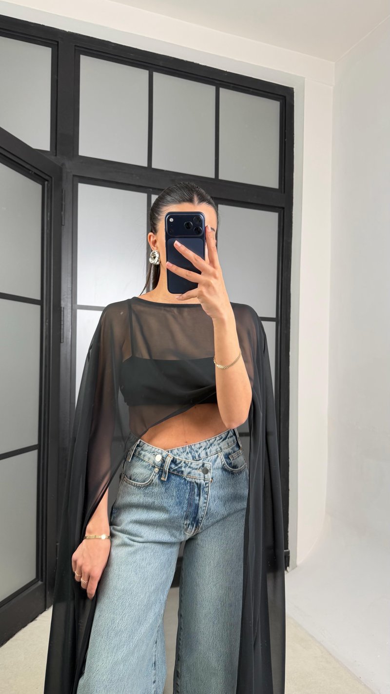 Siyah Şifon Maxi Boy Pelerin GAUS-01457
