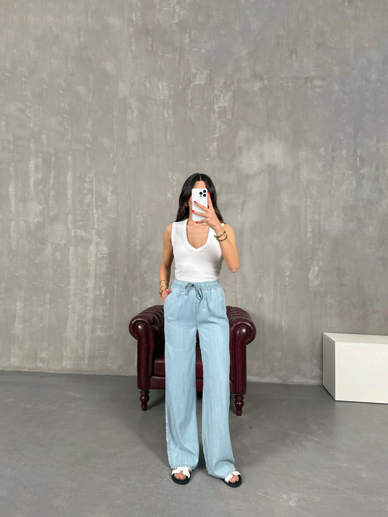 Açık Mavi Beli Lastikli İnce Denim Pantolon Gaus00203