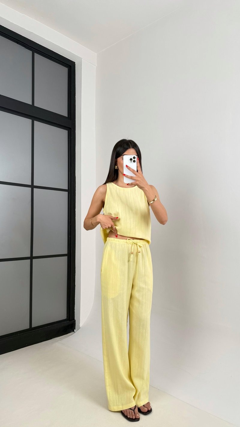 Sarı Sıfır Kol Bluz Beli Lastikli Pantolon Md Muadil Keten Takım Gaus00495 