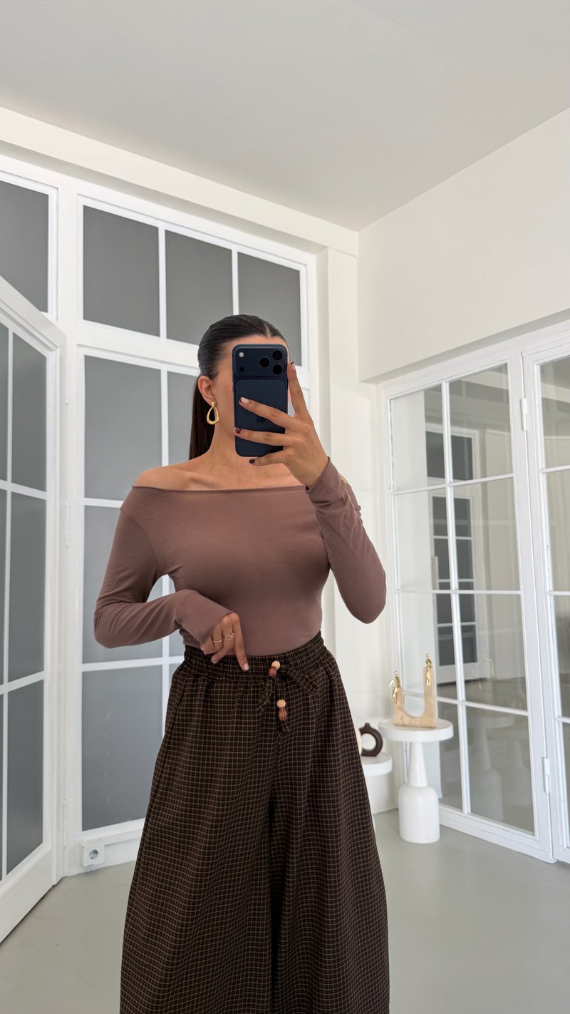 Kahve Beli Lastikli Kareli Balon Pantolon GAUS-01894