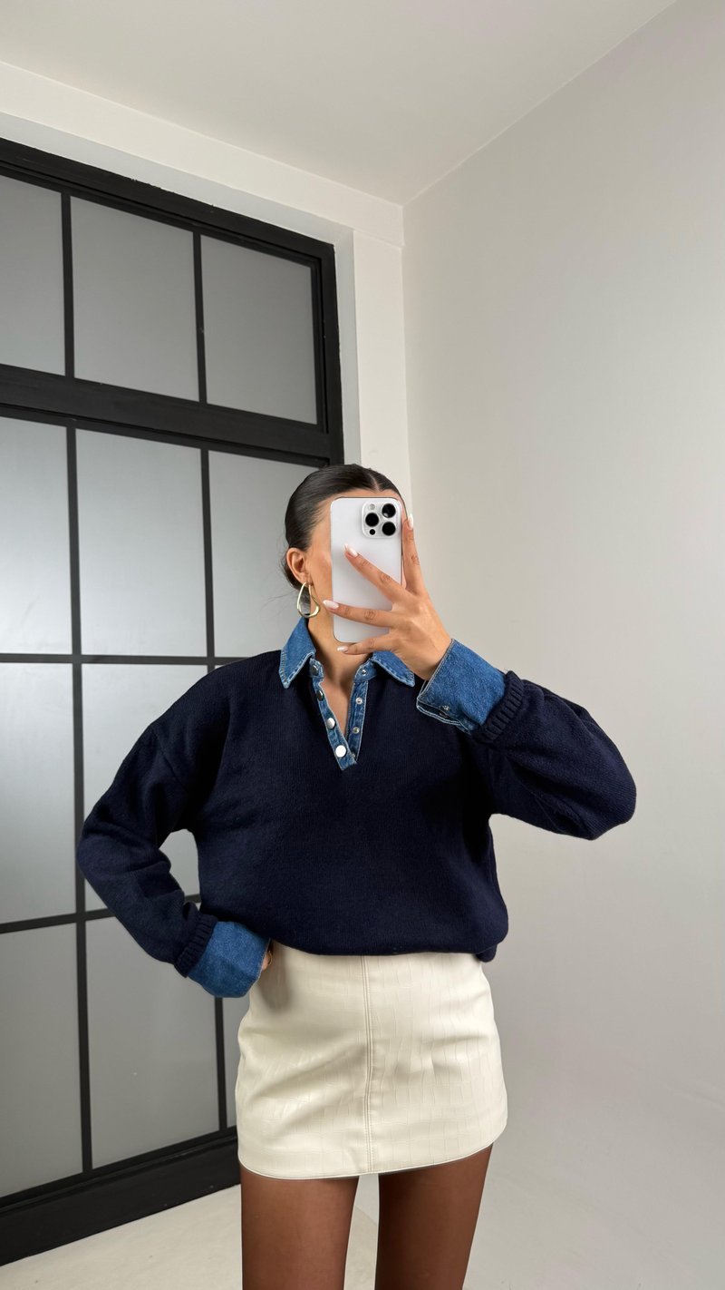 Lacivert Denim Yaka Detaylı Kazak GAUS-00507