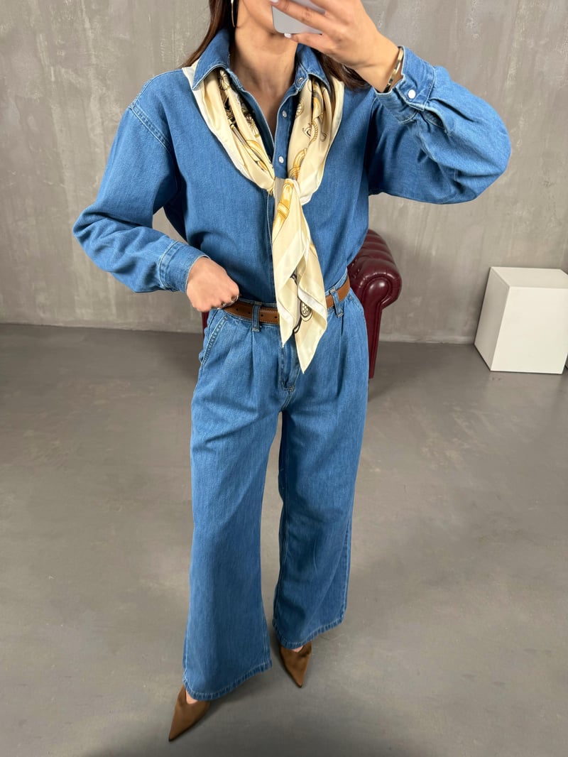 Açık Mavi Çıtçıt Düğmeli Gömlek Pantolon Denim Takım Gaus0002