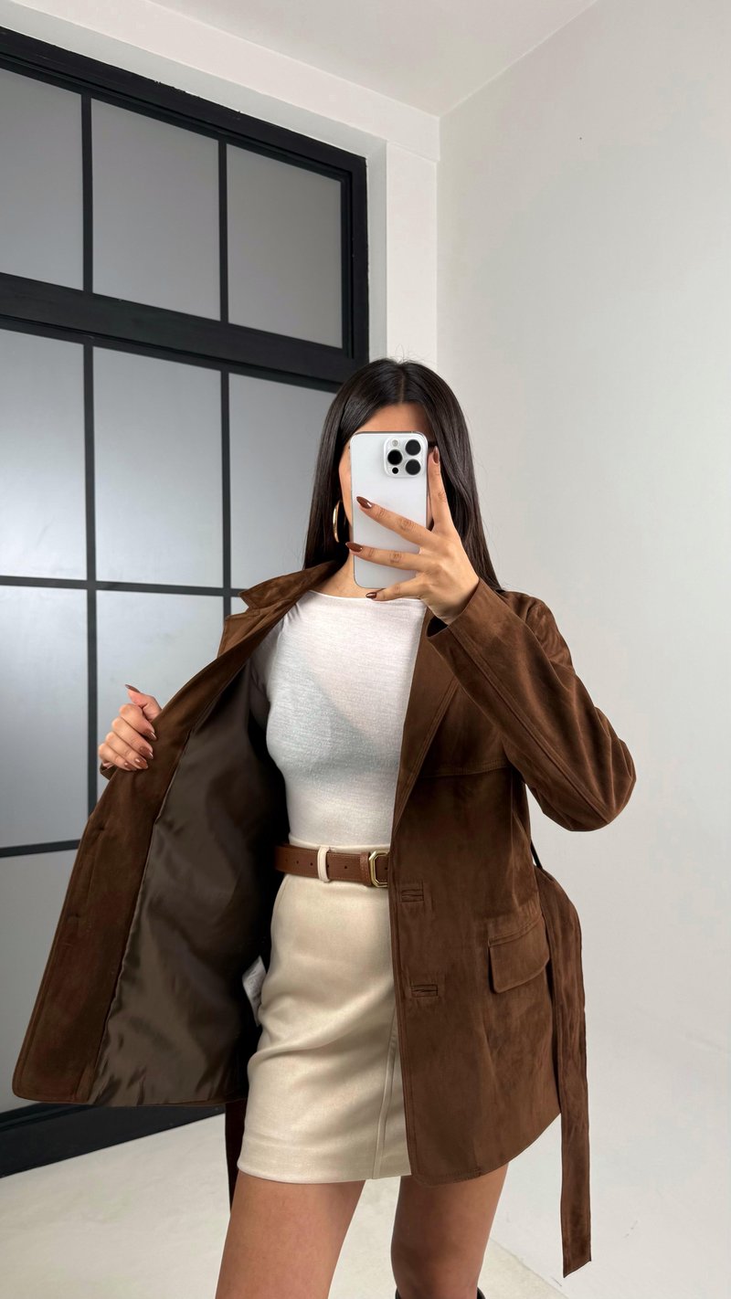 Kahve Astarlı Cep Detaylı Kuşaklı Süet Ceket GAUS-00168
