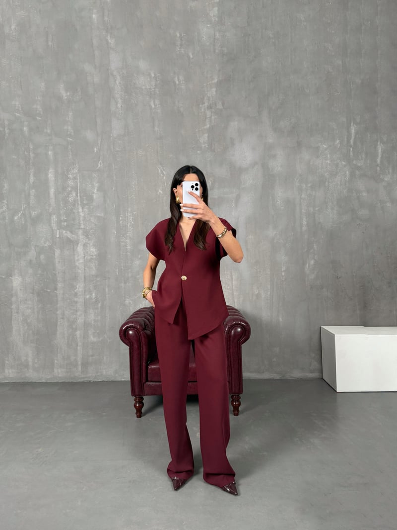 Jasmin Bordo Premium Asimetrik Yelekli Takım