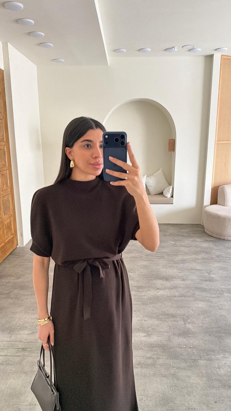 Acı Kahve Kuşaklı Triko Midi Elbise GAUS-01169