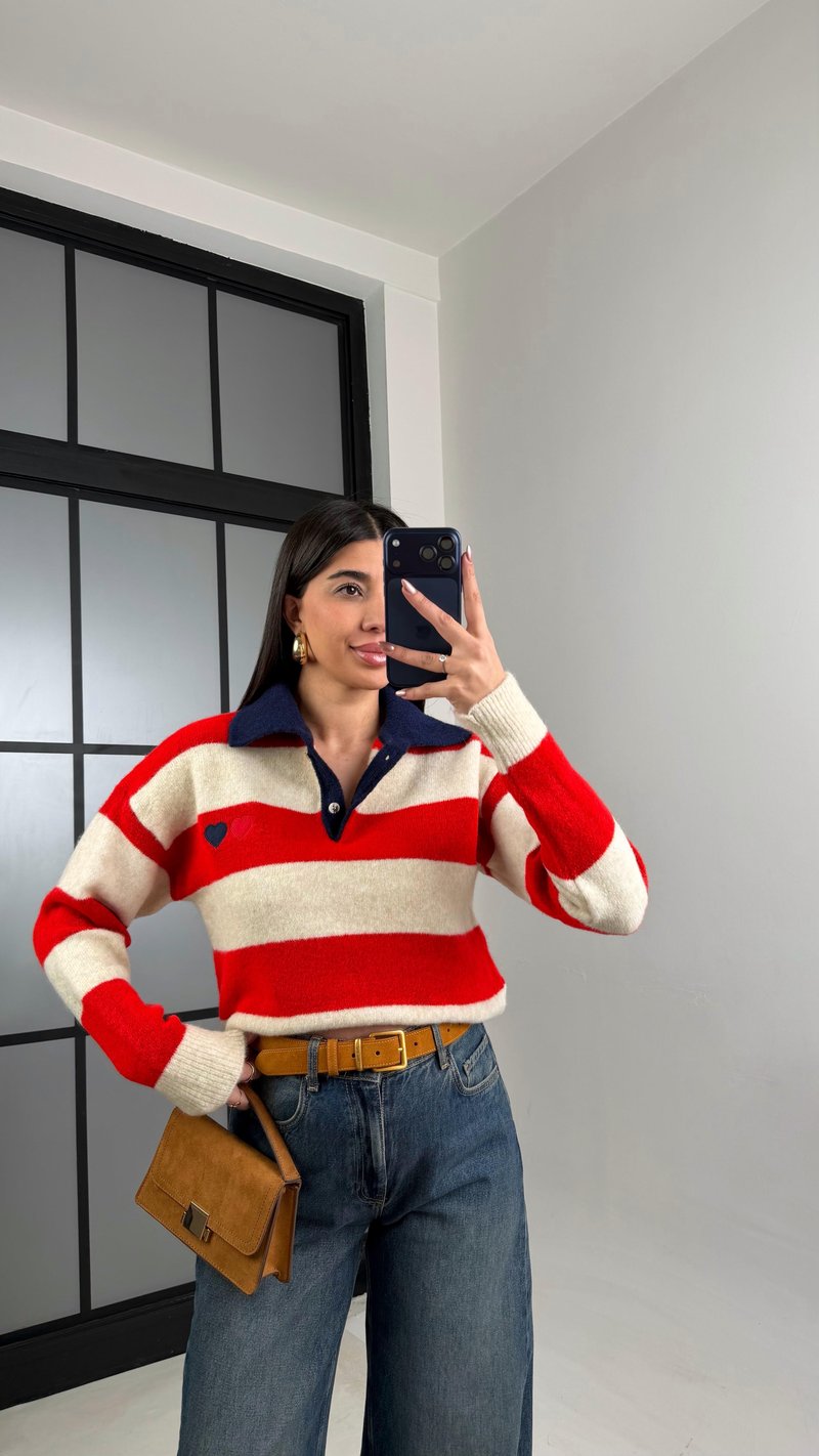 Kırmızı Polo Yaka Çizgili Yumuşak Dokulu Kazak GAUS-01099