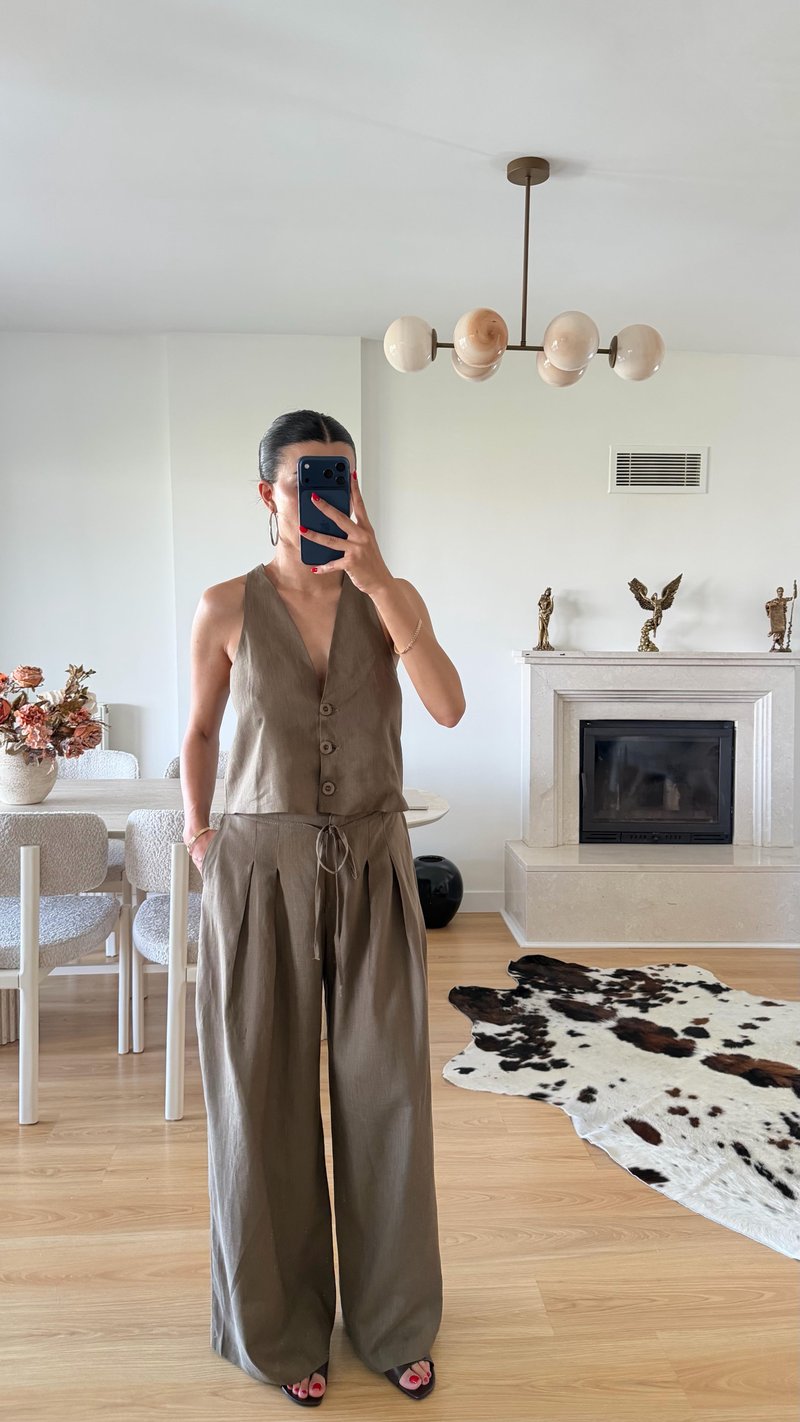 Haki ZR Model Yelek Pantolon İkili Keten Takım GAUS-01593