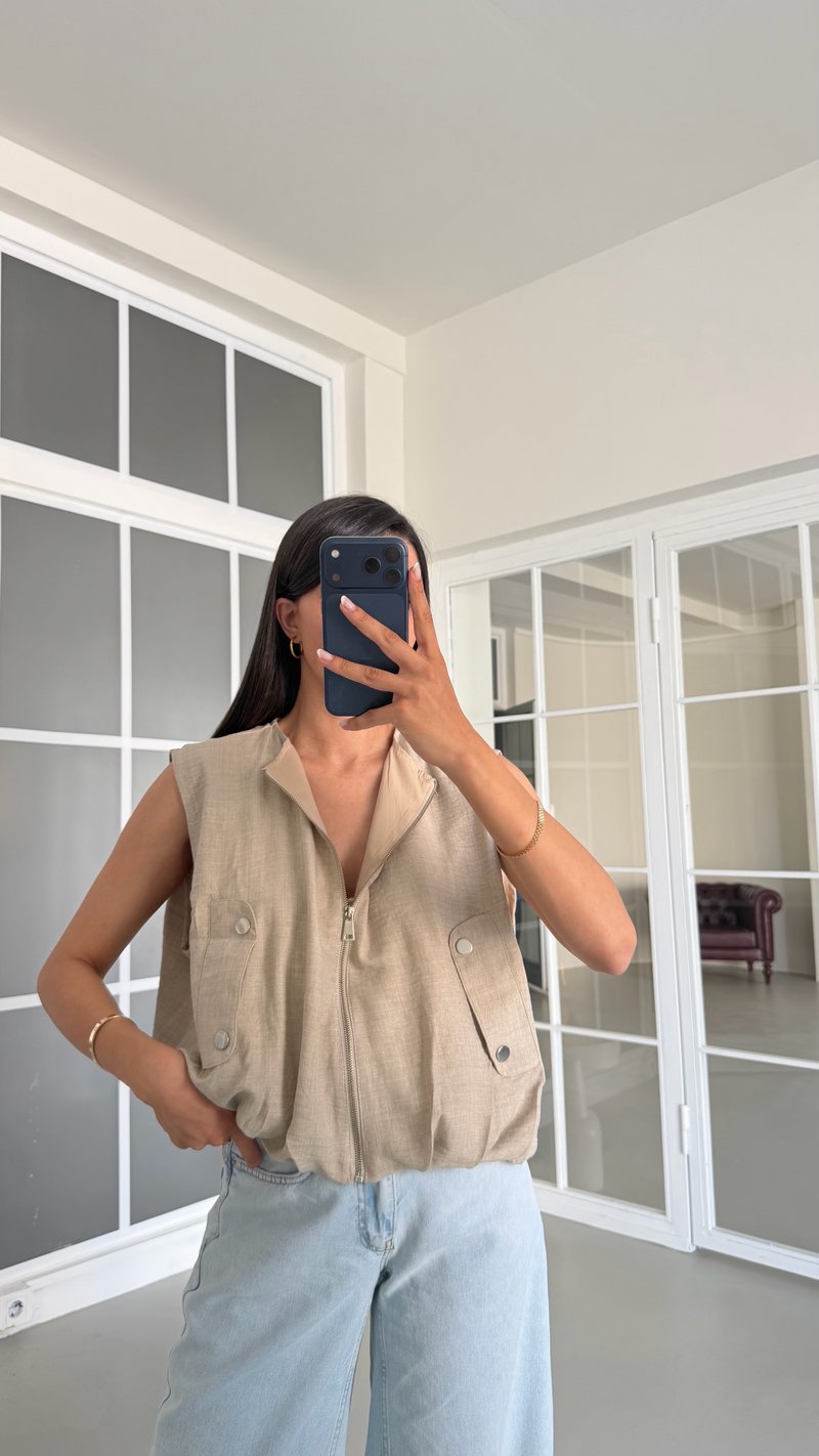 Taş Fermuarlı Astarlı Keten Yelek GAUS-01689