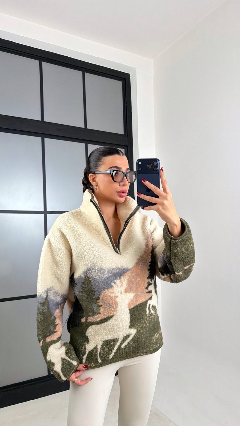 Ekru Fermuarlı Geyik Desenli Polar Sweatshirt GAUS-00723