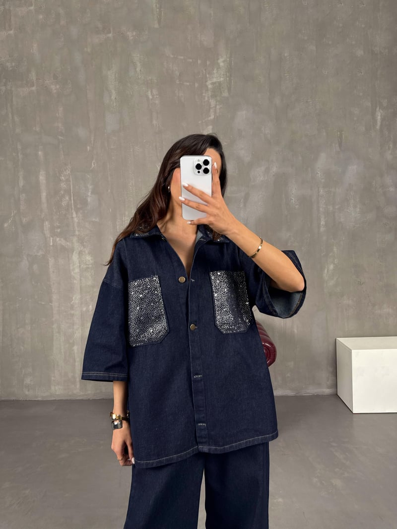 Lacivert Cep Taş İşlemeli Gömlek Pantolon Denim Takım Gaus00037