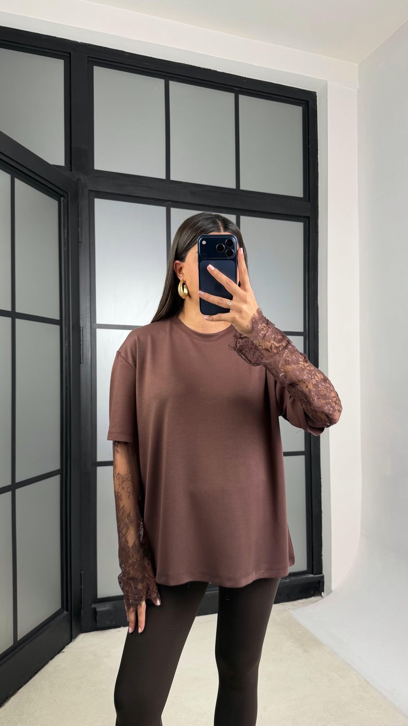 Kahve Kol Dantel Detaylı Modal Kumaş Basic Tshirt gaus-01209