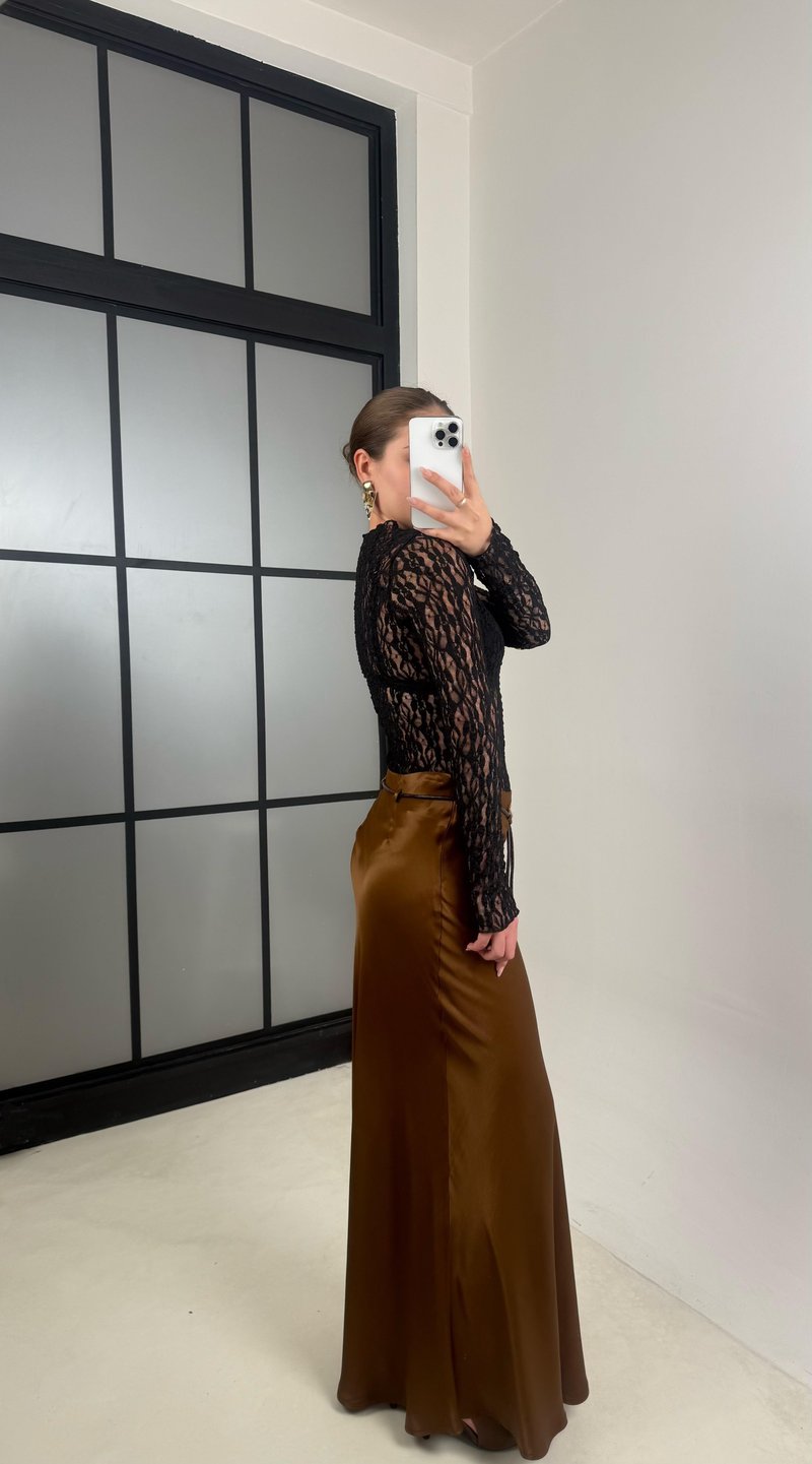 Kahve Kuşaklı Saten Etek GAUS-00167