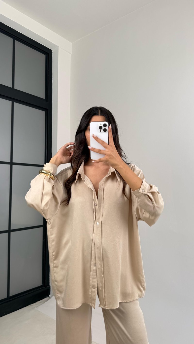 Taş Gömlek Beli Lastikli Pantolon İkili Premium Saten Takım GAUS-0074