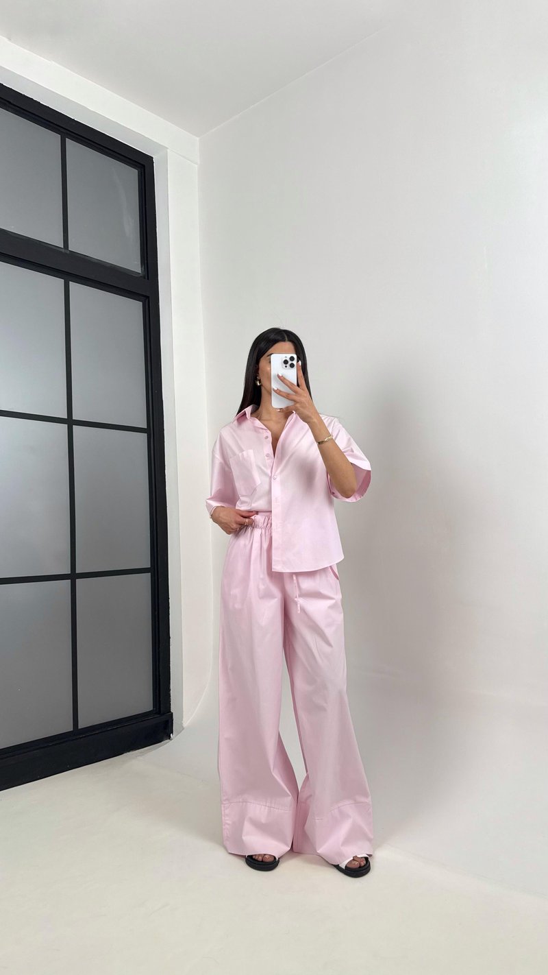 Pembe Yarım Kol Cepli Gömlek Beli Lastikli Pantolon Yarım Astarlı Pamuk Karışımlı Takım Gaus00356  