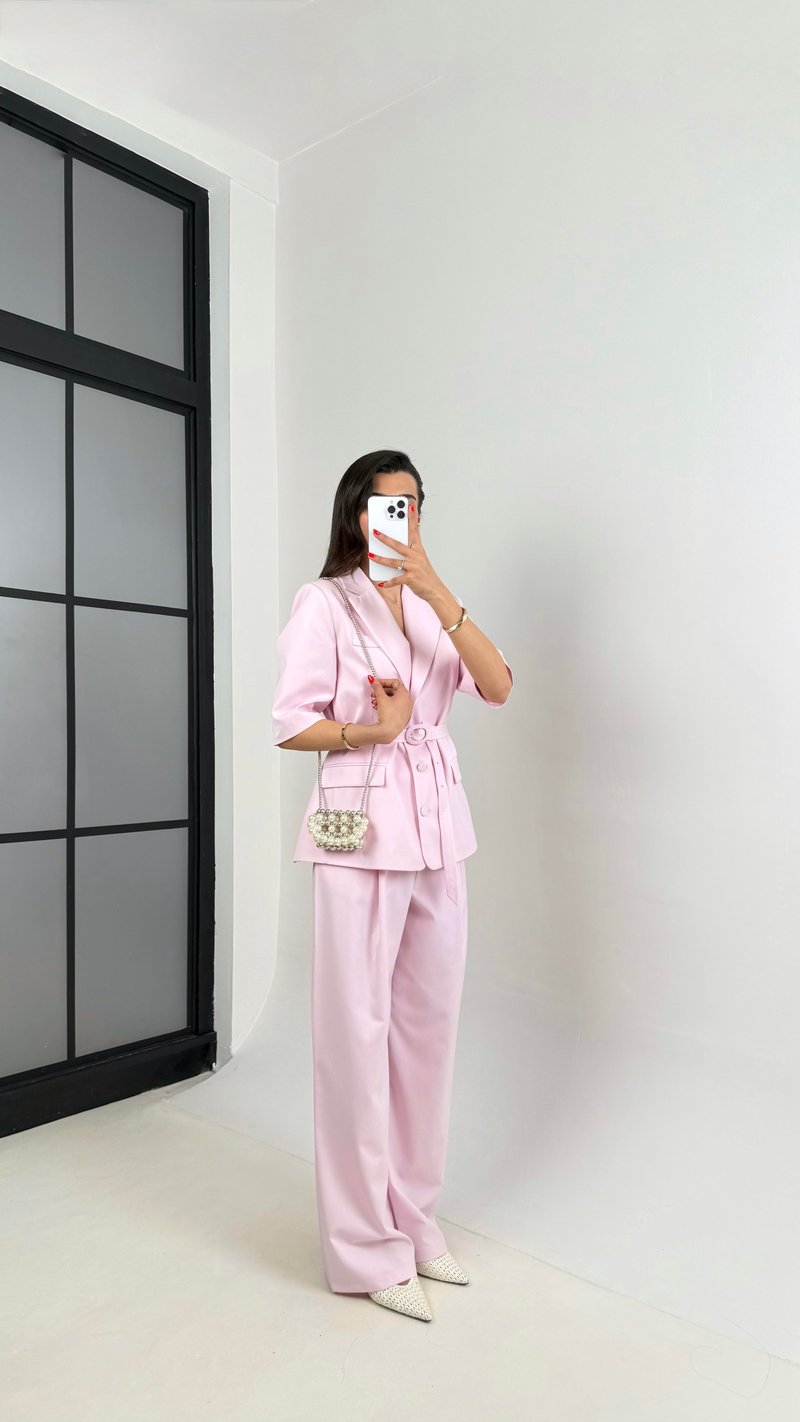 Pembe Yarım Kol Astarlı Vatkalı Kemerli Ceket Pantolon İkili Premium Takım Gaus00453