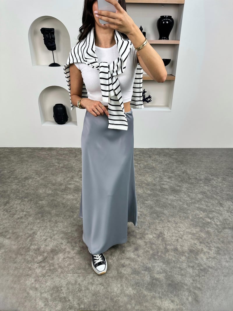 Oliv Gri Maxi Saten Etek