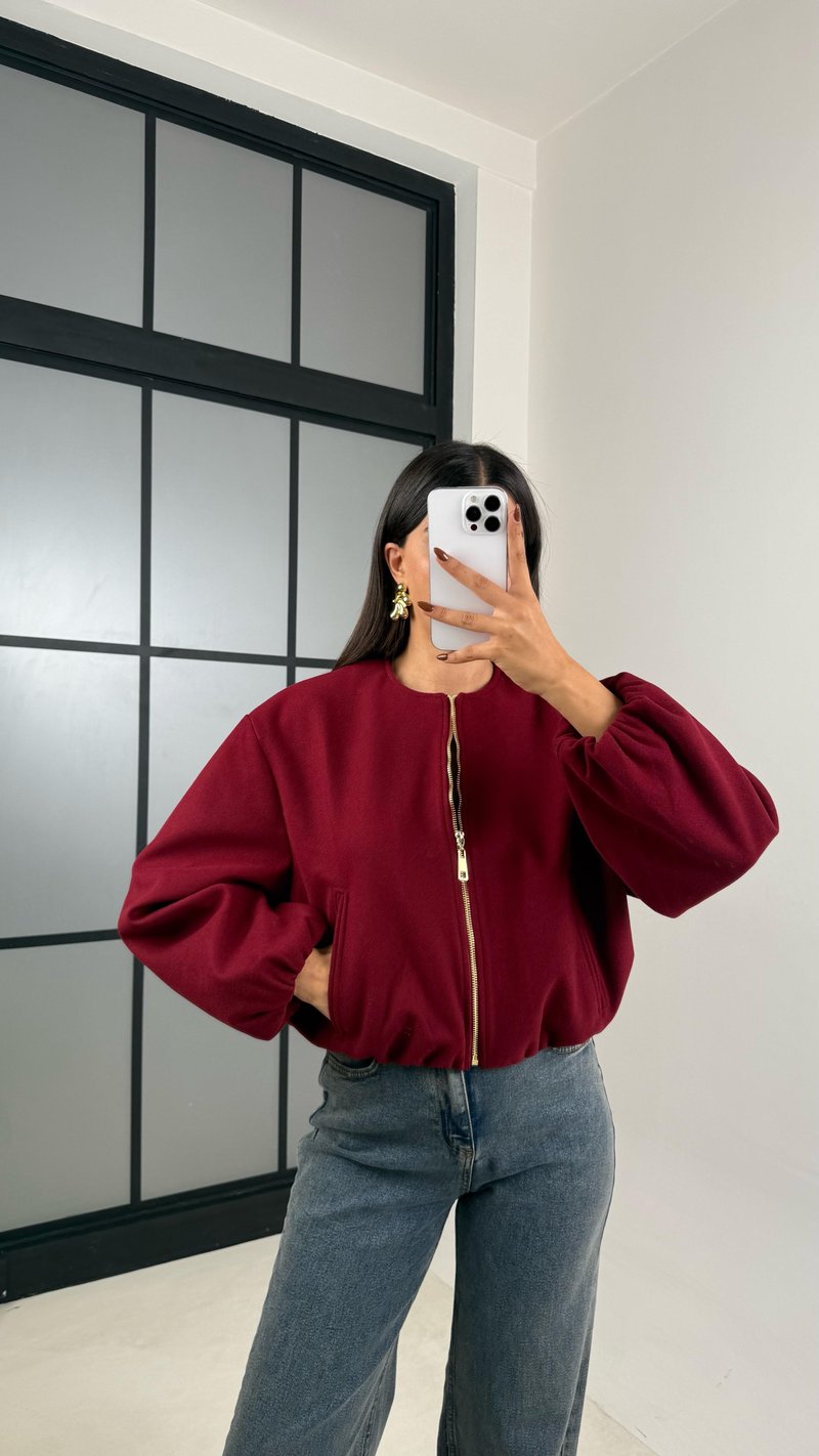 Bordo Astarlı Cepli Kaşe Bomber Ceket GAUS-00191
