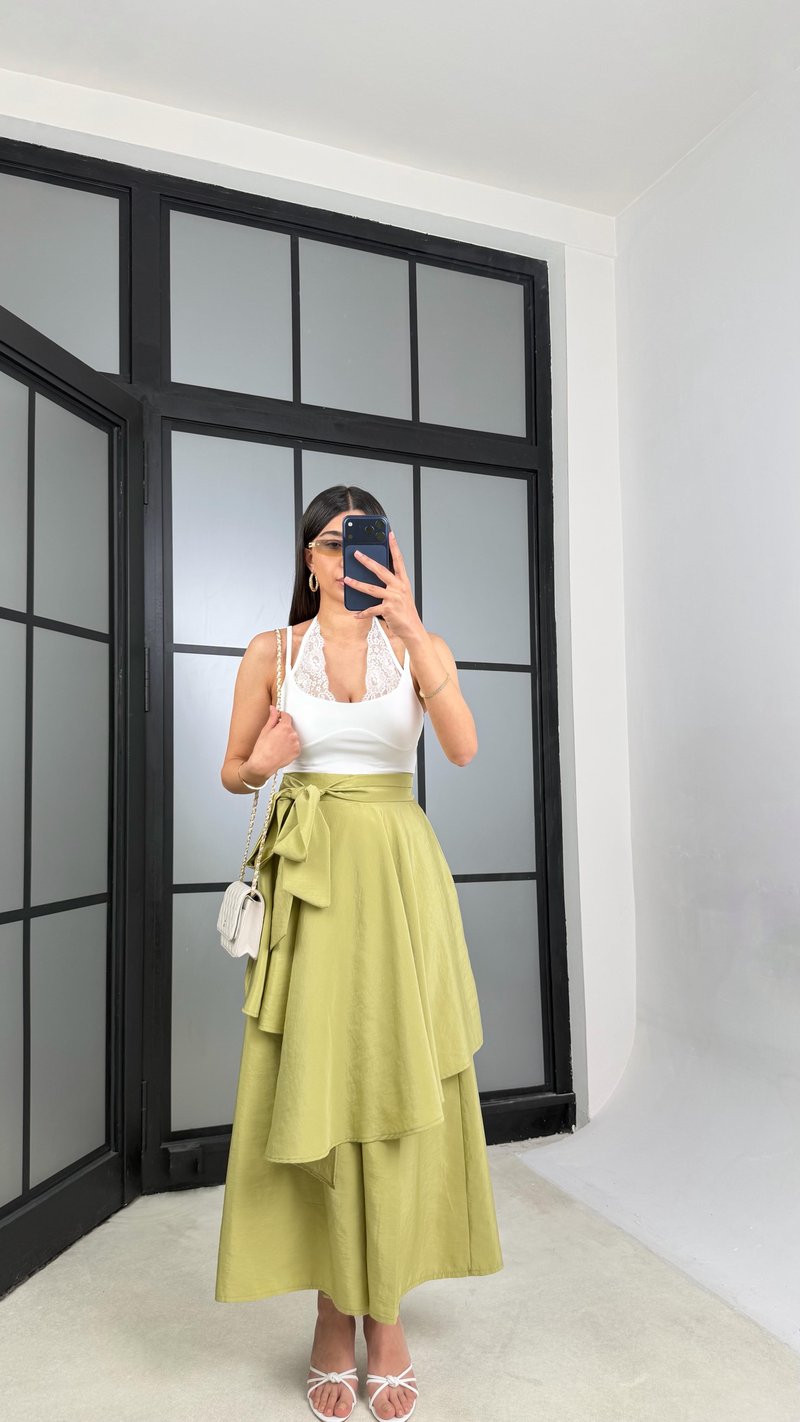 Yeşil İthal Tencel Kumaş Tasarım Etek Pantolon GAUS-01412