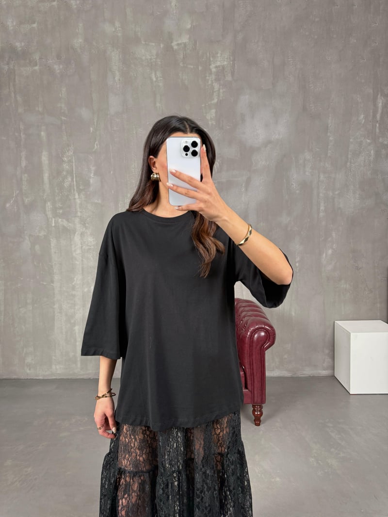 FA Siyah Bisiklet Yaka Yarım Kol Basic Tshirt