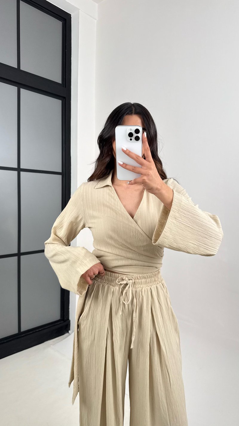 Taş Bağlamalı Üst Beli Lastikli Pantolon Gofre Takım Gaus00389 