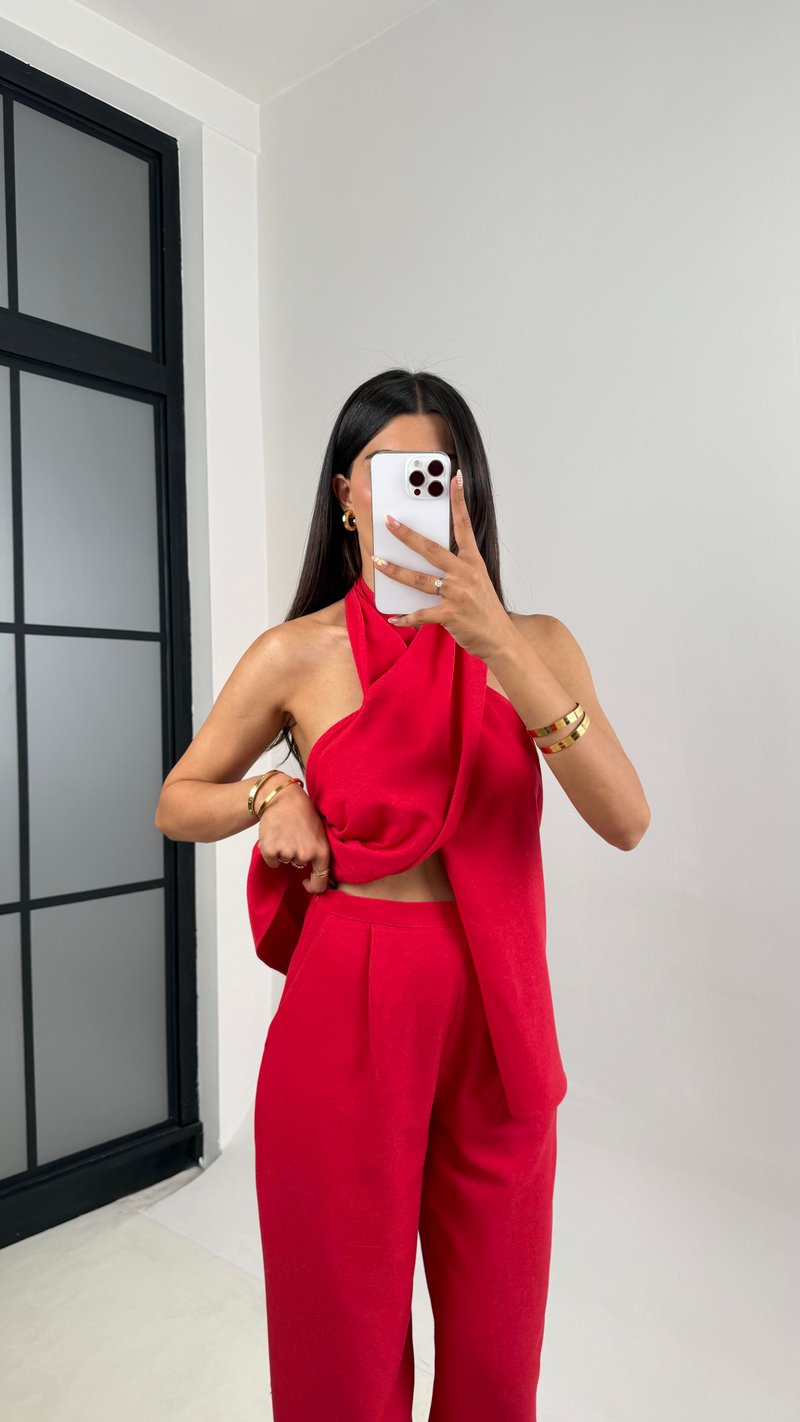Kırmızı Boyundan Bağlamalı Bluz Cepli Pantolon Tasarım Keten Takım Gaus00667