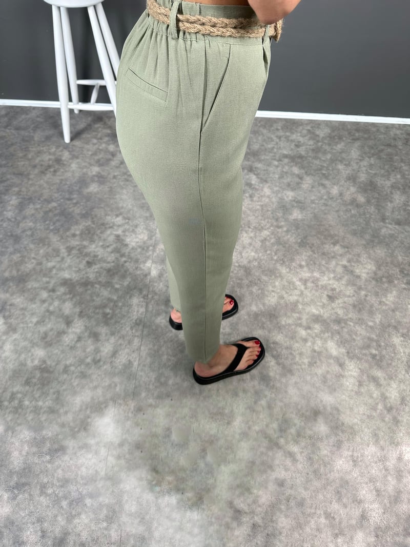 Elvin Haki Hasır Kemerli Beli Lastikli Pantolon