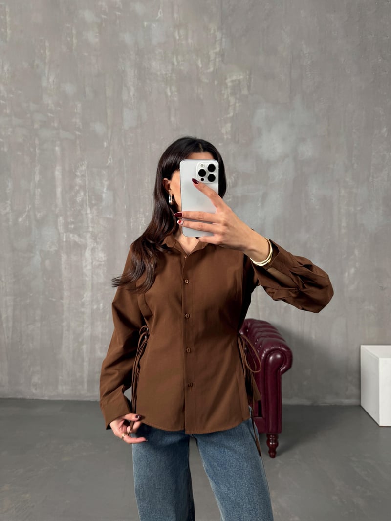 Tweed Kahve Yandan Bağlamalı Gömlek