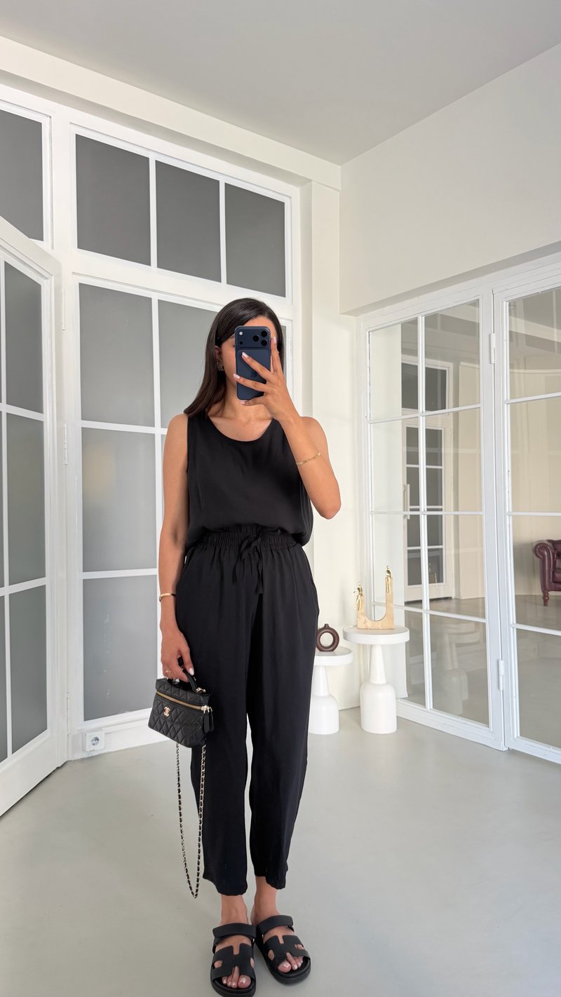 Siyah Bluz Beli Lastikli Pantolon İkili Tencel Takım GAUS-01769