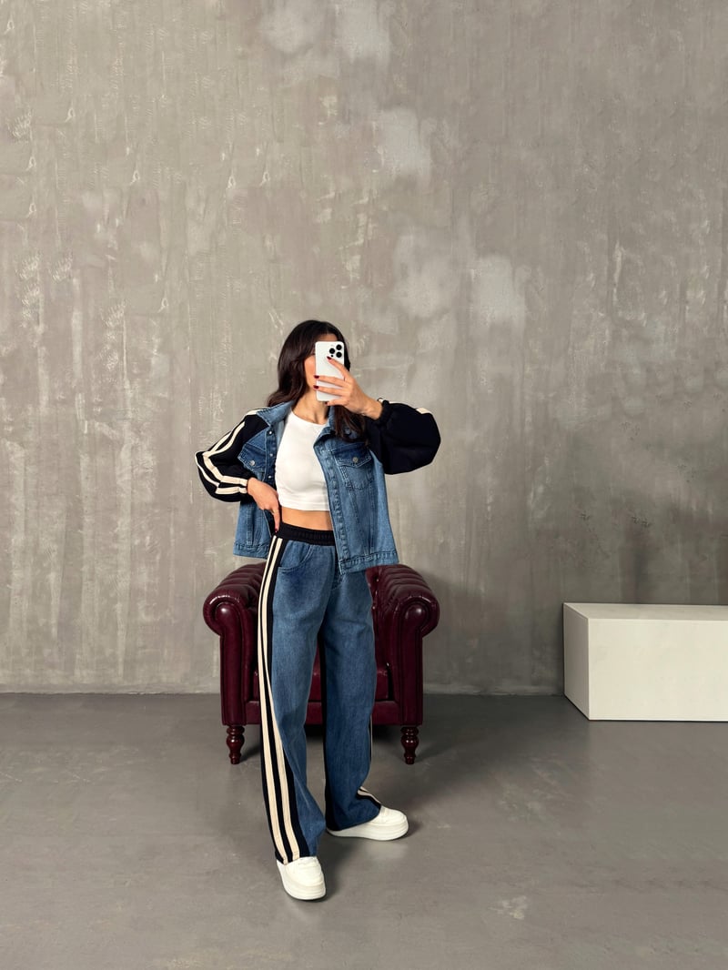 Gong Siyah Denim Karışımlı Şeritli Takım