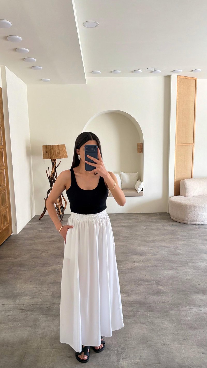 Beyaz Beli Lastikli Tencel Etek GAUS-01321