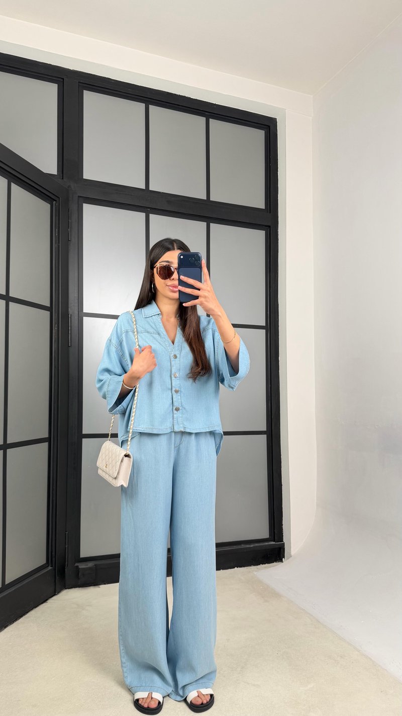 Mavi Yarasa Kol Gömlek Beli Lastikli Pantolon Tencel Takım GAUS-01444