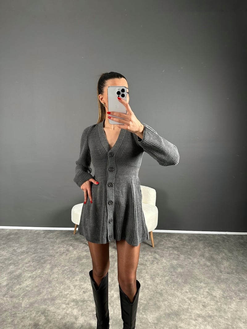 Lole Antrasit Düğmeli Triko Mini Elbise
