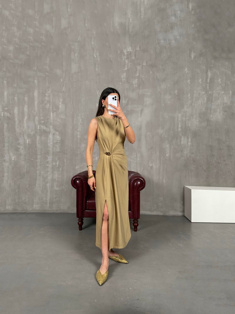 Khaki Zero Sleeve Gold Detailed Slit Dress Gaus00141