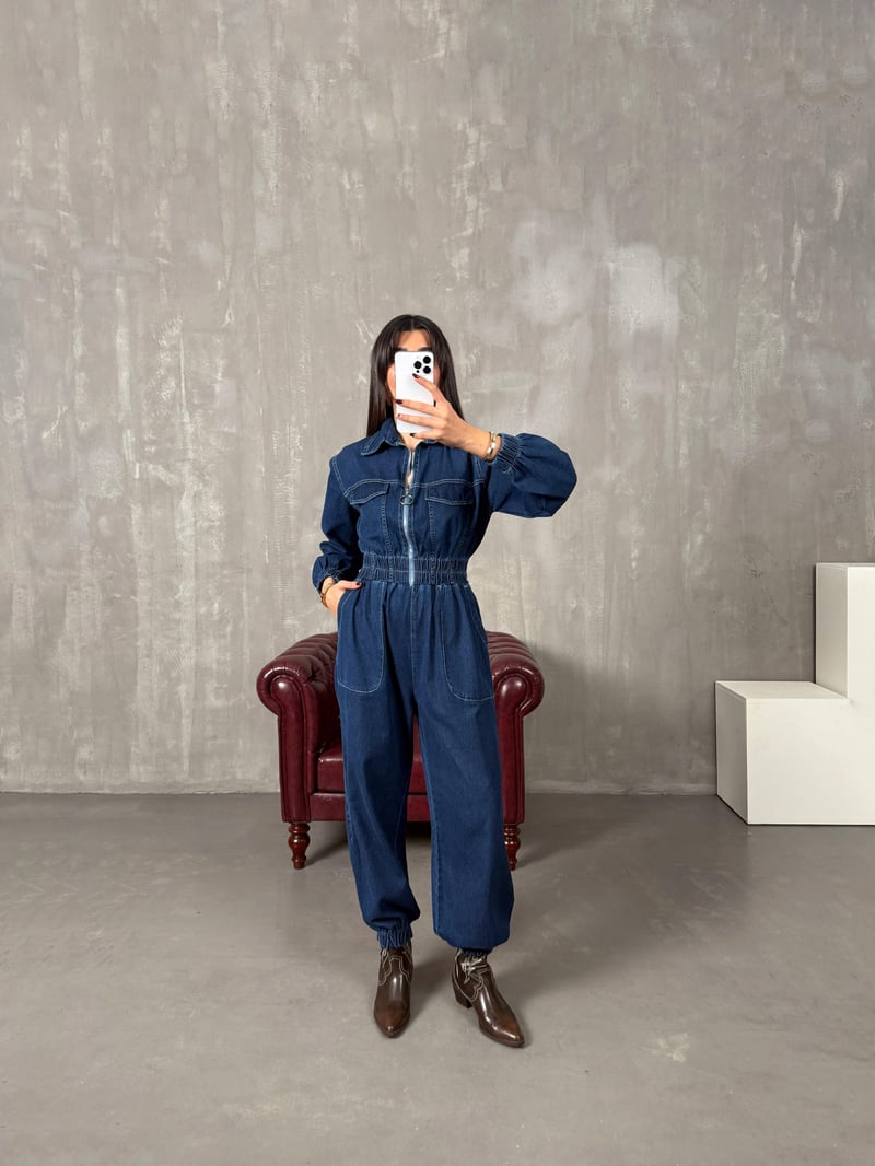 Setre Mavi Önden Fermuarlı Denim Tulum