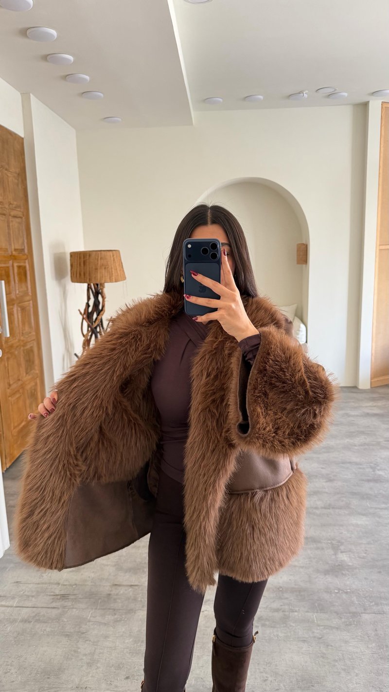 Kahve Astarlı Cepli Premium Kürk GAUS-00763