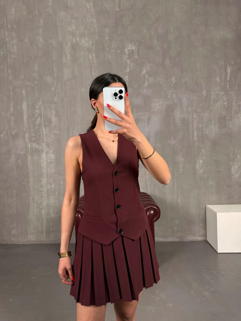 Bordo Yelekli Pileli Muadil Elbise Gaus00166