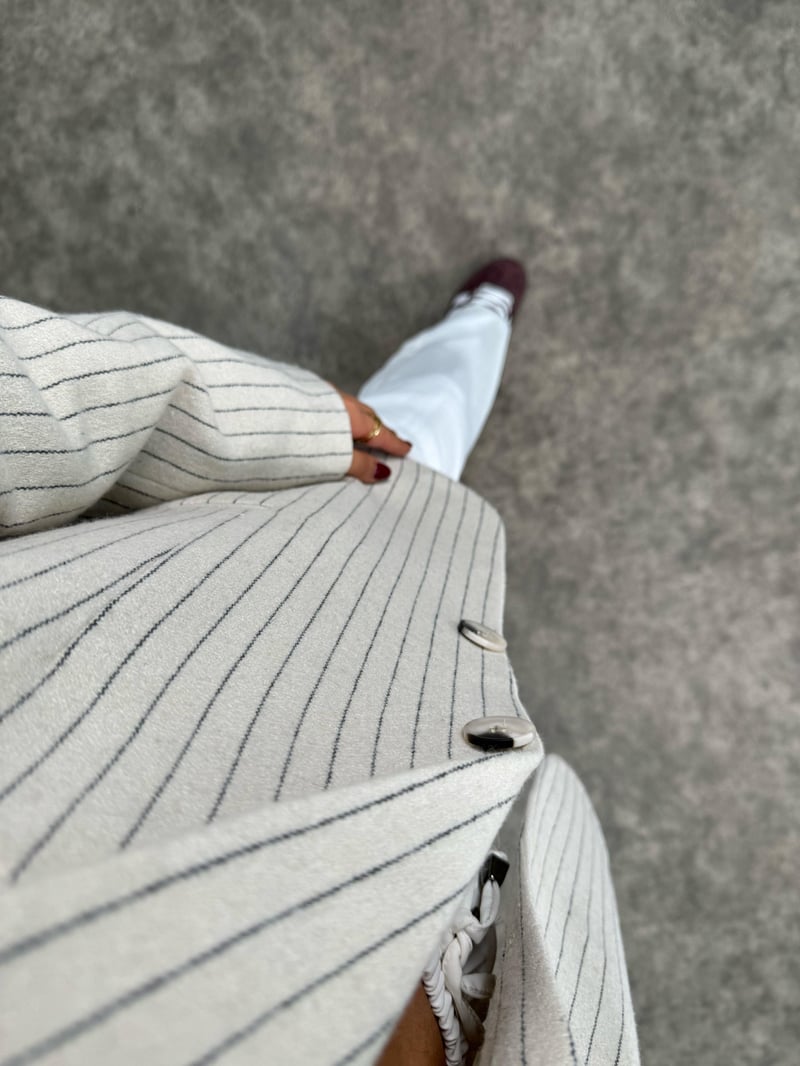 Melins Ekru Çizgili Astarlı Sakallı Blazer Ceket