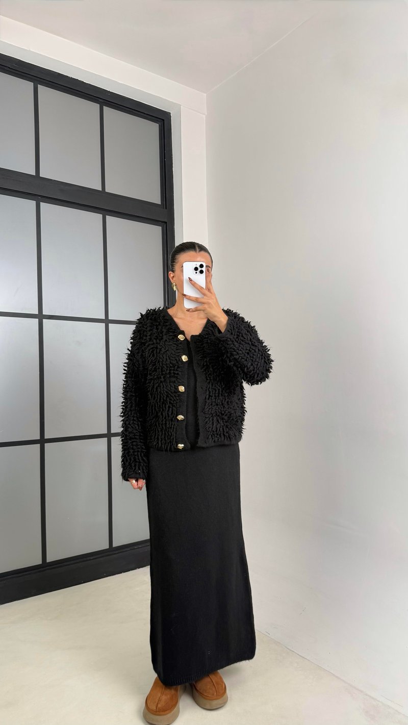 Siyah Saçaklı Hırka Elbise 2li Triko Takım GAUS-00482