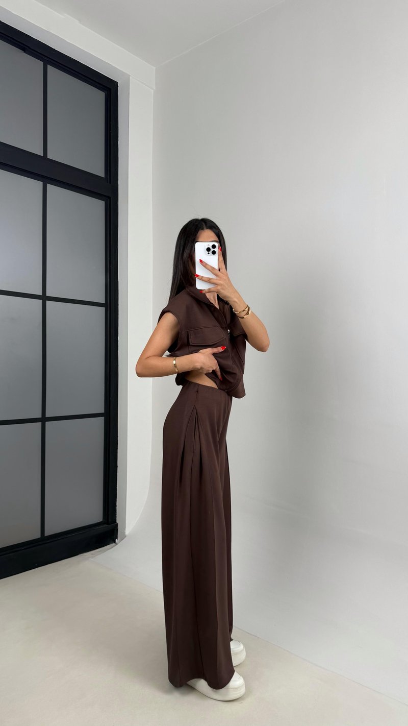 Acı Kahve Cepli Yelek Beli Lastikli Pantolon Modal Eşofman Takım Gaus00523