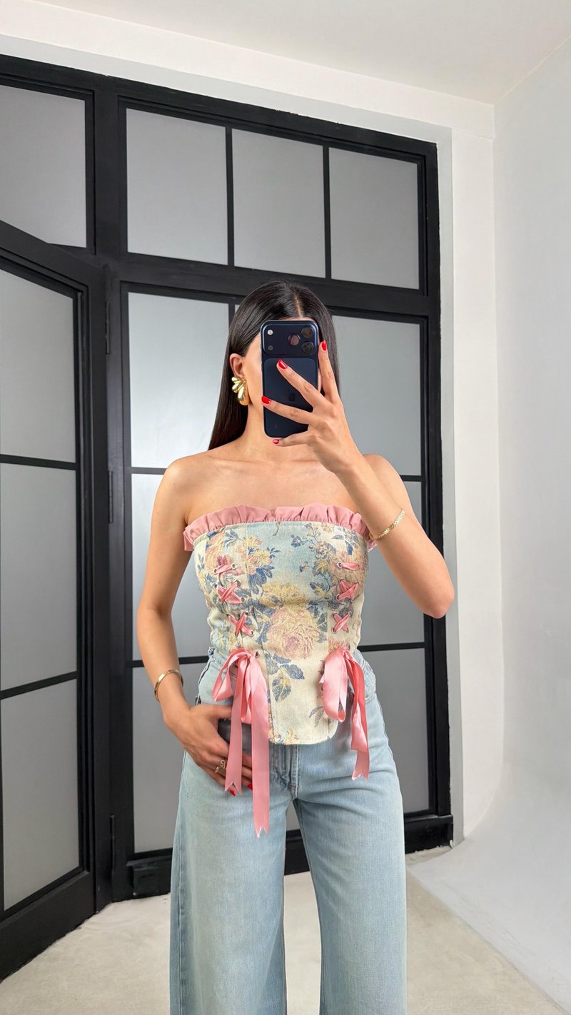 Pembe Çiçek Desenli Korse GAUS-01552