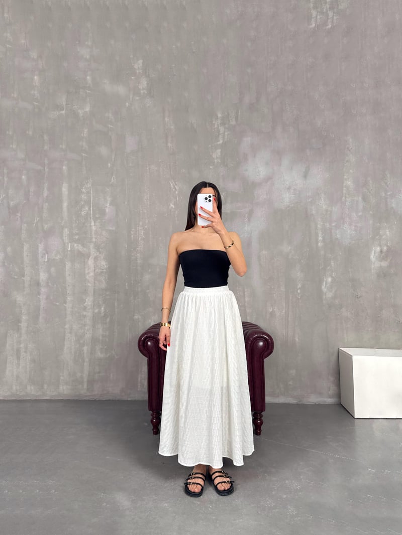 Ekru Beli Lastikli Astarlı Büzgü Detaylı Etek Gaus00196