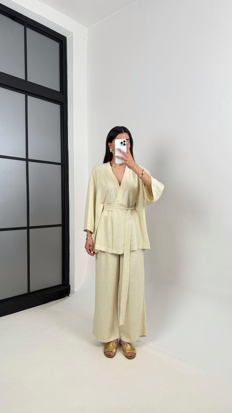 Soft Sarı Kuşaklı Kimono Beli Lastikli Cepli Pantolon Keten Takım Gaus00397
