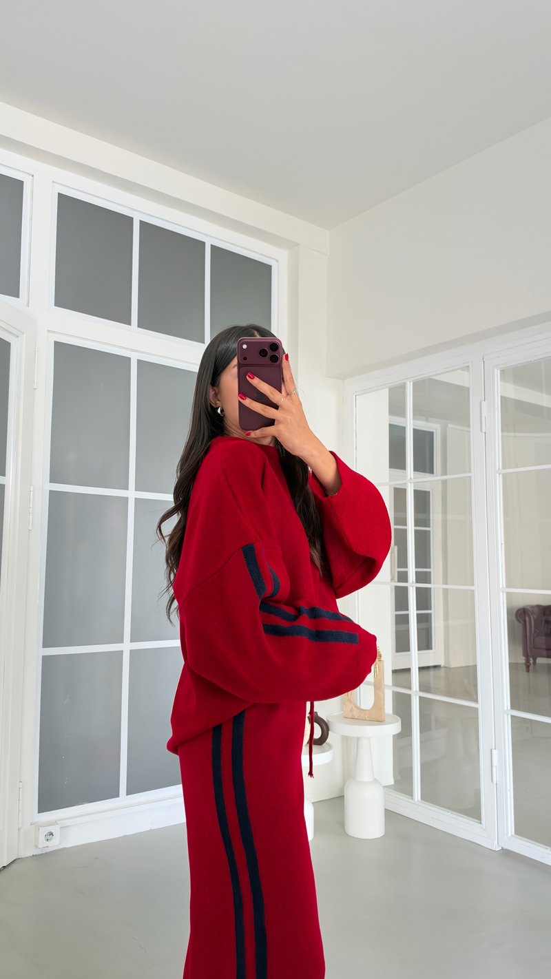 Kırmızı Şerit Detaylı Kazak Beli Lastikli Pantolon İkili Triko Takım GAUS-02239